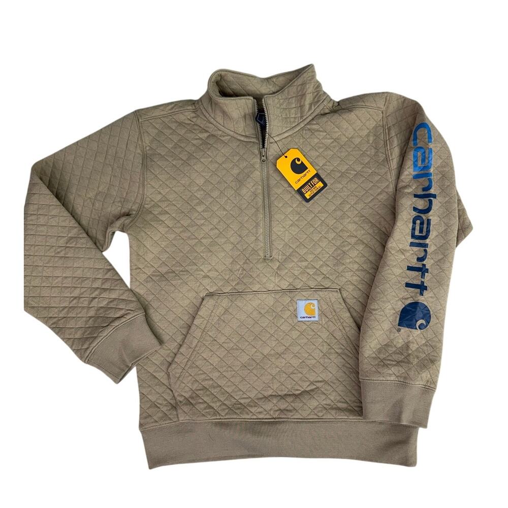 Carhartt Kids Long Sleeve Pullover NEW Size 10-12 Quarter Zip Front Pocket Tan